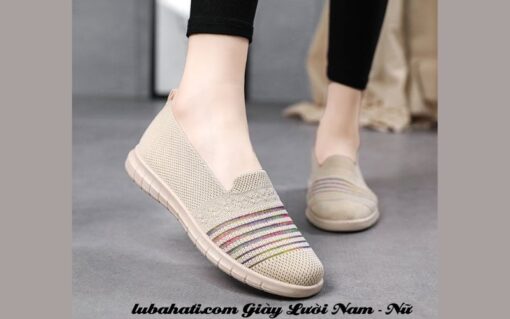 Giày lười JINTOHO màu kaki dệt kim thoáng khí sang trọng cho nữ